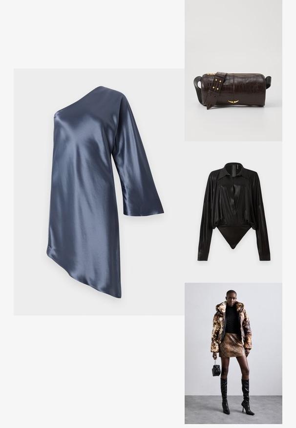 Asymetrické saténové šaty v tmavě námořnické barvě, s jedním dlouhým rukávem a hladkým, lesklým povrchem s diagonálním lemem.; Černý body s dlouhými rukávy, výstřihem do V a přiléhavým střihem. Vyrobeno z lesklého, hladkého materiálu se strukturovaným límcem a manžetami.; Puffa bunda s hnědým a černým vzorem, zkombinovaná s hnědou mini sukní s hadím vzorem, černými vysokými botami a malou černou taškou.; Hnědá kabelka z krokodýlí kůže s embosováním, cylindrického tvaru, se zlacenými kovovými prvky a odnímatelným popruhem se hroty.