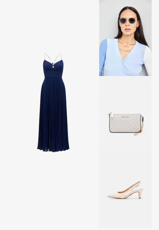 Tamsiai mėlyna klostuota vakarinė suknelė su prigludusia liemene, plonomis petnešėlėmis ir dekoratyvine brangakmenių akcentu po iškirpte.; Balti slingback kulniukai su smailiu pirštu, lygia viršutine medžiaga, žemu blokuotu kulnu ir šoniniu išpjovimu su reguliuojamu sagtimi.; Apskriti saulės akiniai su tamsiais objektyvais ir auksiniais rėmeliais. Modelis vilki šviesiai mėlyną, raukinį kardiganą su mygtukais ir kontrastingomis baltomis rankovėmis.; Michael Kors rankinė smėlio spalvos dengto kanvoje su pakartotiniu MK logotipo raštu, auksinėmis detalėmis ir nuimamu grandininiu dirželiu.