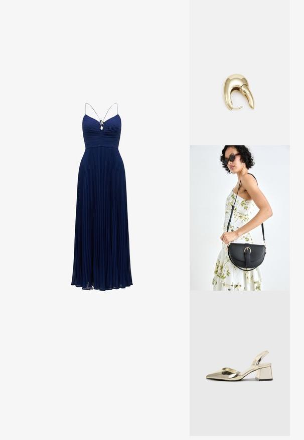 Mornarsko plava svečana haljina s plisiranim detaljima, uskim bodicem, tankim bretelama i dekorativnim akcentom od dragog kamenja ispod izreza.; Zlatni metalik slingback sandali s šiljatim vrhom i debelim potpeticama. Glatka tekstura, minimalistički dizajn i uski remen.; Crna kožna torba s lukovitim oblikom, odvojivim remenom i zlatnim detaljima. Torba ima preklop s kopčom.; Zlatne metalne naušnice s elegantnim, zakrivljenim dizajnom. Imaju karakterističan šiljast oblik, poliranu površinu i zatvaranje na šarku.