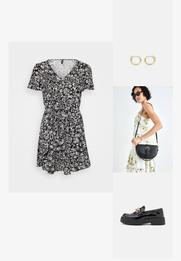 Črna cvetna obleka s kratkimi rokavi, V-izrezom, zategnjenim pasom in razširjenim krilom. Ima bele cvetne motive po celotni obleki. Iz lahko tkanine.; Črni lakirani usnjeni loafers s debelim črnim podplatom in zlato kovinsko opremo. Gladka tekstura in zasnova zaokroženega nosu.; Črna usnjena torbica s ukrivljeno obliko, z odstranljivo naramnico in zlatimi dodatki. Torbica ima pokrov s podrobnostmi v obliki zaponke.; Zlate uhane v obliki obroča z gladkim, zaobljenim dizajnom. Imajo majhen zatič za zapiranje, težijo k lahkemu izgleda in imajo polirano površino.