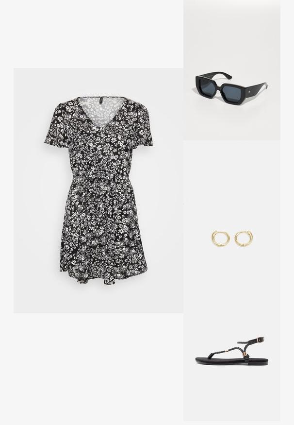 Juoda gėlėta suknelė su trumpomis rankovėmis, V formos iškirpte, suspausta liemeniu ir platėjančia sijona. Puošta baltais gėlių raštais visame paviršiuje. Lengvas audinys.; Juodos plokščios šlepetės su pintomis dirželiais ir metaliniu akcentu. turi reguliuojamą sagtį ir plokščią gumos padą patogumui.; Juodos didelės saulės akinių su geometriniu raštu, stačiakampiais objektyvais ir blizgiu paviršiumi. Nėra matomo prekės ženklo priekyje.; Auksiniai auskarai su sklandžiu, apvaliu dizainu. Savybės: mažas uždarymo mechanizmas, lengvas įvaizdis ir poliruotas paviršius.