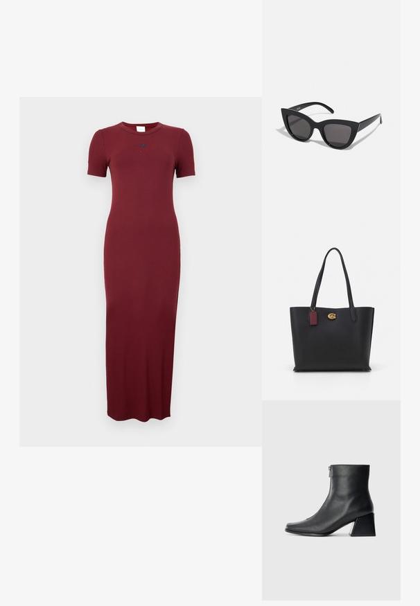 Bordeaux geribde maxi-jurk met korte mouwen, ronde halslijn en subtiele logodetail op de borst. Glad textuur en aansluitende silhouet.; Zwarte leren enkellaars met vierkante neus, zijrits en blokhak tegen een effen lichte achtergrond.; Zwarte cat-eye zonnebril met een matte afwerking, voorzien van grijs getinte glazen, scherpe hoeken en slanke zijarmen. Merkennaam zichtbaar op de binnenarm.; Zwarte leren tote bag met twee lange handvatten, gestructureerde afwerking, gouden hardware en een bordeauxkleurig label. Ruimtelijk ontwerp met een open bovenkant.