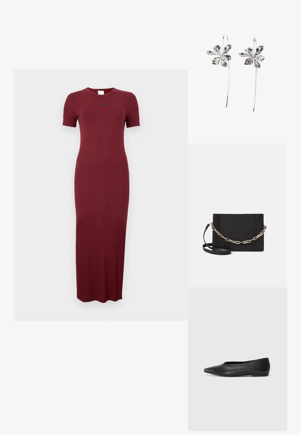 Vestido maxi em bordeaux com textura canelada, mangas curtas, decote redondo e detalhe de logotipo discreto no peito. Textura suave e silhueta ajustada.; Bailarina de couro preto, bico fino, design minimalista, textura suave, salto baixo, sem hardware ou embelezamentos visíveis.; Bolsa crossbody de couro preto com uma textura suave, forma retangular e um detalhe em corrente metálica na frente. Inclui uma alça ajustável.; Brincos em forma de flor prateados com um acabamento texturizado, apresentando ganchos longos e detalhes semelhantes a pétalas para um design intrincado.
