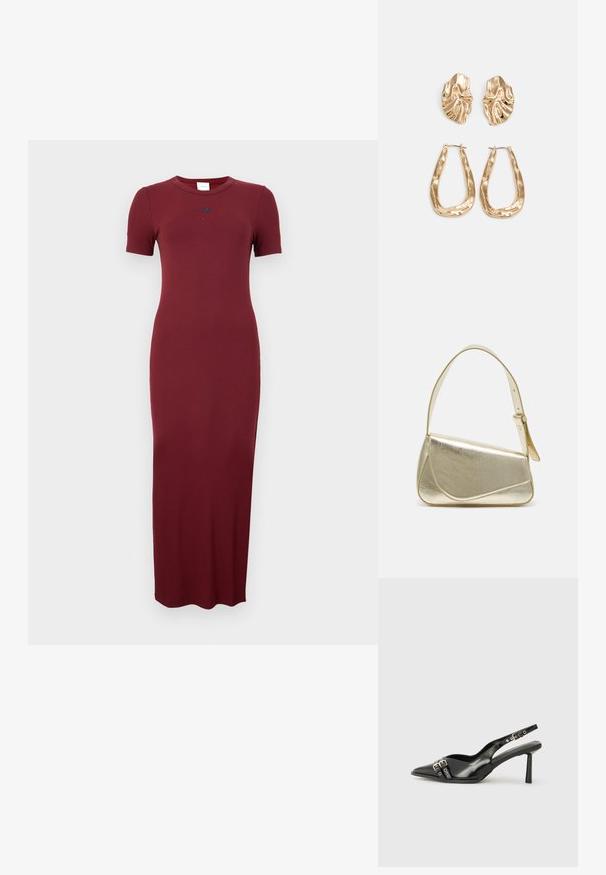 Burgundi ribivarrastest maksikleit lühikeste varrukatega, ümmargune kaelus ja peen logo detail rinnal. Sile tekstuur ja keha lähedane siluett.; Must musta nahk kingad sanga ja terava ninaga, ankle strapidega, millel on hõbedased pandlad ja riistvara ning õhuke konts.; Kuldmetallist käekott, millel on struktureeritud disain, sile tekstuur ja reguleeritav rihm. Omab ainulaadset kolmnurkset kuju ja minimalistlikku õmblust.; Kuldse värvi kõrvarõngad, mis on kaunistatud tekstuursete ja laineliste kujunditega. Komplektis on skulpturaalsed klamber kõrvarõngad ja avatud rõngasdisain, millel on lõhestatud viimistlus.