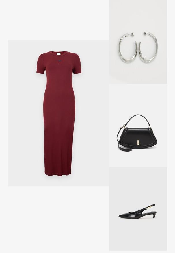 Burgundy ribbed maksimekko lyhyillä hihoilla, pyöreällä pääntiellä ja hienovaraisella logoyksityiskohdalla rinnassa. Silkkinen rakenne ja muotoon leikattu siluetti.; Mustat nahkaiset slingback-korkokengät, joissa on terävä kärki, ohuet korot ja kultasävytteinen yksityiskohta säädettävässä hihnassa. Silkkinen pinta.; Mustalla nahkalaukulla, jossa on jämäkkä muotoilu, lyhyt malli, yläkahva ja kultaiset yksityiskohdat. Säädettävä olkahihna sisältyy.; Hope hopeista, joissa on sileä, kaareva muotoilu. Varustettu kiiltävällä metallipinnoitteella ja nappikiinnityksellä. Ei näkyviä kuvioita tai koristeluja.
