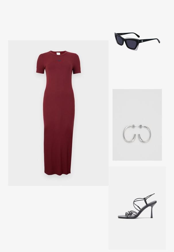 Burgundska rebrasta maksi obleka s kratkimi rokavi, okroglo izrezom in diskretnim logotipom na prsih. Gladka tekstura in prilegajoča silhueta.; Črne visoke sandale na peto imajo tanke naramnice z vozlom, gladek kvadratni toe in eleganten stiletto peto.; Črne prevelike sončne očala geometrijske oblike, z temnimi lečami in kontrastno sivo podrobnostjo na okvirju. Logo na ročaju.; Srebrne obročaste uhane z gladko, sijočo površino. Zaobljena oblika, lahka zasnova, z zapiranjem na zatič.