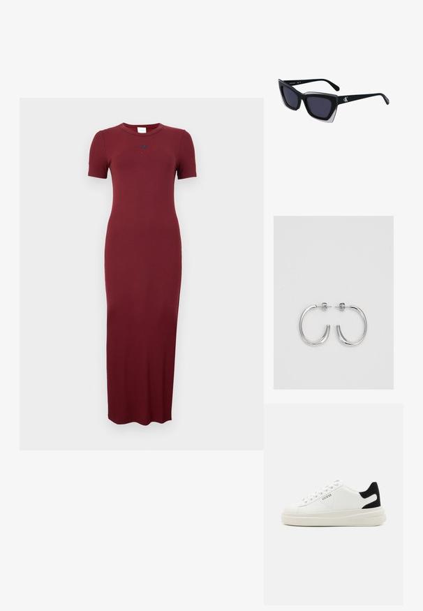 Burgundowa, prążkowana sukienka maxi z krótkimi rękawami, okrągłym dekoltem i subtelnym logo na piersi. Gładka struktura i dopasowany krój.; Białe skórzane sneakersy z grubą białą podeszwą, czarnym zamszowym akcentem na pięcie oraz wytłoczonym logotypem z boku. Projekt z sznurówkami i sześcioma dziurkami.; Czarne, oversize okulary przeciwsłoneczne o geometrycznym kształcie, z ciemnymi soczewkami i kontrastującym szarym detalem na oprawie. Logo na ramieniu.; Srebrne kolczyki na biglu o gładkim, błyszczącym wykończeniu. O zaokrąglonym kształcie, lekkim designie, z zamknięciem na zatrzask.