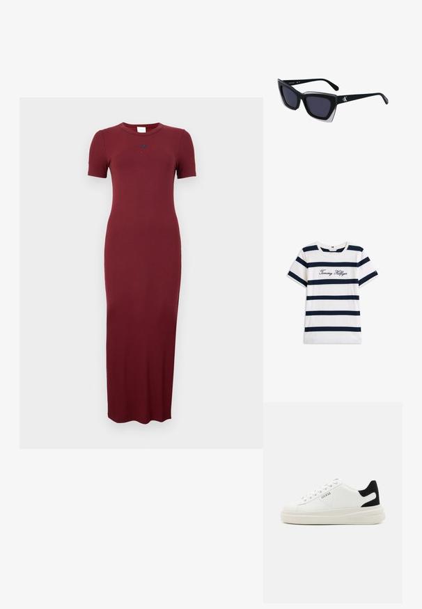 Rochie maxi ribbed burgundy cu mâneci scurte, decolteu rotund și detalii subtile cu logo la piept. Textură netedă și siluetă ajustată.; Tricou din bumbac cu dungi orizontale bleumarin pe un fundal alb. "Tommy Hilfiger" brodat în stil cursiv pe piept. Decolteu rotund.; Adidași din piele albă cu o talpă groasă albă, accent de călcâi din suede negru și logo embosat pe lateral. Design cu șireturi și șase orificii.; Ochelari de soare supradimensionați, negri, cu o formă geometrică, având lentile întunecate și un detaliu gri contrastant pe ramă. Logo pe braț.
