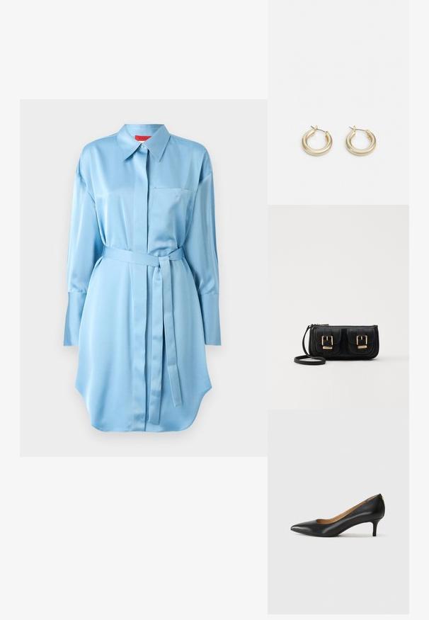 Abito camicia in satin azzurro chiaro con colletto, tasca sul petto, maniche lunghe e una cintura abbinata in vita. Design con orlo curvo.; Décolleté in pelle nera con punta affilata, tacco basso e texture liscia. Presenta un leggero apertura sulla parte anteriore e hardware minimale sul retro.; Borsa a tracolla nera in pelle con due tasche frontali, fibbie dorate, chiusura con zip e una tracolla sottile. Superficie texturizzata e forma rettangolare compatta.; Lauren Ralph Lauren BASIC SMALL HOOP - Orecchini - gold-coloured