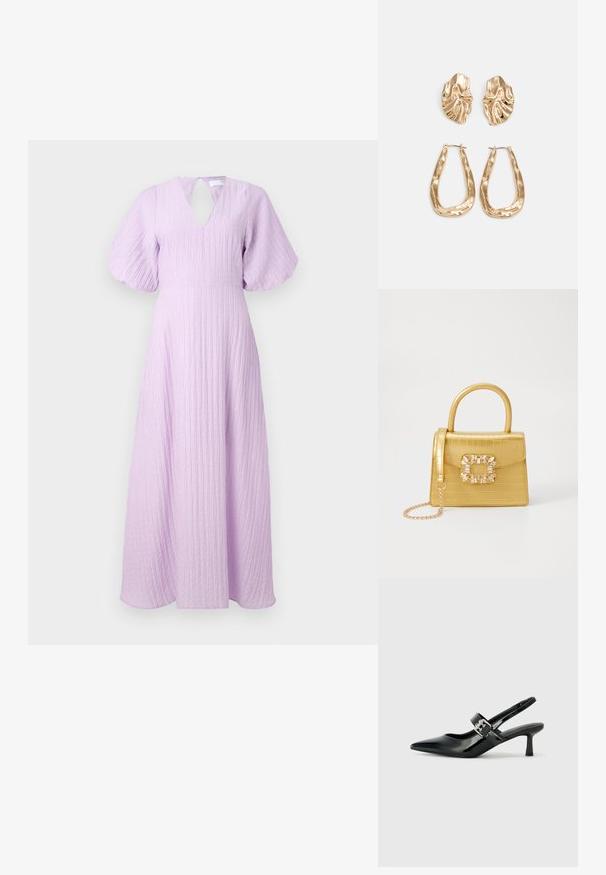 Vestido maxi lavanda com um design texturizado e pregueado. Apresenta um decote em forma de olho-chave e mangas curtas evasê. Tecido suave e fluido.; Saltos slingback em verniz preto com bico pontiagudo e um pequeno salto bloco, apresentando um detalhe de fivela prateada na tira.; Bolsa amarela em pele de crocodilo falsa, com um design estruturado, pega no topo, alça de corrente removível e decoração de cristal no fecho.; Brincos em tom de ouro com formas onduladas e texturizadas. Inclui studs escultóricos com presilha e um design de argola aberta com um acabamento martelado.
