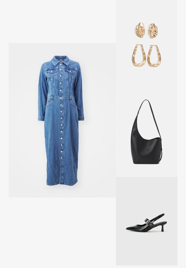 Denimkjole med knappelukking foran, lange ermer, brystlommer og innsnørt midje, i mellomblå vask med rett silhuett.; Svarte patent lær slingback hæler med spiss tå og en liten blokkheel, med en sølvspenne som detalj på stroppen.; Svart lær hobo-veske med glatt tekstur, buet form og enkelt justerbart stropp; har en bred åpning på toppen.; Gullfargede øredobber med teksturerte, bølgete former. Inkluderer skulpturelle klipsstuds og åpen hoop-design med en hamret finish.