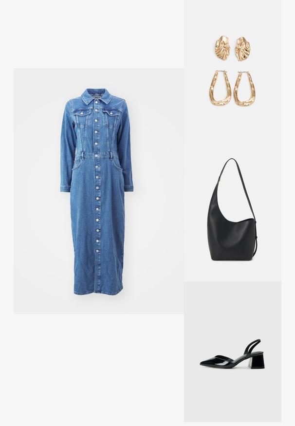 Denim obleka z gumbi spredaj, dolgimi rokavi, žepi na prsih in prilegajočim pasom, v srednji modri pranju s pravim silhuetom.; Črne lakirane slingback pete s koničastim nosom in geometrijsko blokasto peto. Imajo eleganten, minimalističen dizajn in gladko teksturo.; Črna usnjena hobo torba z gladko teksturo, ukrivljeno obliko in eno nastavljivo naramnico; ima širok odprtina na vrhu.; Zlato obarvani uhani z teksturiranimi, valovitimi oblikami. Vključujejo skulpturalne sponke za ušesa in odprto obliko obročka s kladivastim finišem.