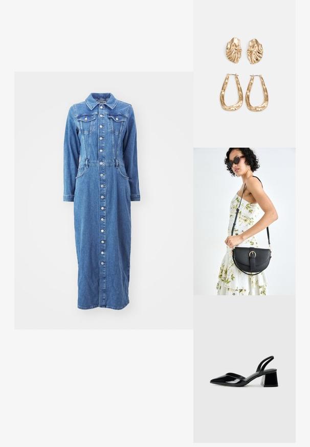 Farmernadrág anyagú ruha gombos elülső résszel, hosszú ujjakkal, mellzsebekkel és testhezálló derékkal, közepes kék mosással és egyenes sziluettel.; Fekete lakk bőr szandálkés magas sarkú cipő, hegyes orral és geometrikus tömbsarkakkal. Karcsú, minimalista dizájn és sima textúra jellemzi.; Fekete bőrtáska ívelt formával, levehető pánttal és arany színű fémrészekkel. A táskán egy csattal díszített fedél található.; Aranyszínű fülbevalók, texturált, hullámos formákkal. Tartalmazza a szobrászati klipszes studokat és az open hoop kialakítást, kalapácsos felülettel.