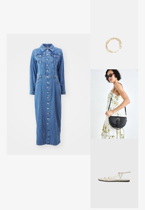 Denim obleka z gumbi spredaj, dolgimi rokavi, žepi na prsih in prilegajočim pasom, v srednji modri pranju s pravim silhuetom.; Beige ravne sandale z več tankimi trakovi in nastavljivim zaponcem. Podplat je raven z rahlo temnim kontrastom na robu.; Črna usnjena torbica s ukrivljeno obliko, z odstranljivo naramnico in zlatimi dodatki. Torbica ima pokrov s podrobnostmi v obliki zaponke.; Zlati prstan s organskim, zvitim dizajnom, gladko površino in taperiranimi konci, ki ustvarja modernega, skulpturalnega videza.