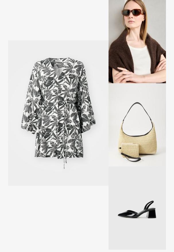 Replay Rochie de zi - black/natural white; Pantofi cu toc slingback din piele lacuită neagră, cu vârf ascuțit și toc geometric. Prezintă un design elegant, minimalist și o textură netedă.; Ochelari de soare maro cu model țestoasă, cu rame unghiulare, lentile închise la culoare și accente din metal. Purtați cu un top crem și o șal închis la culoare.; Geantă din paie țesută, cu o siluetă curbată, având o curea din piele neagră netedă și un plic mic asortat, atașat printr-un breloc pentru încheietură.