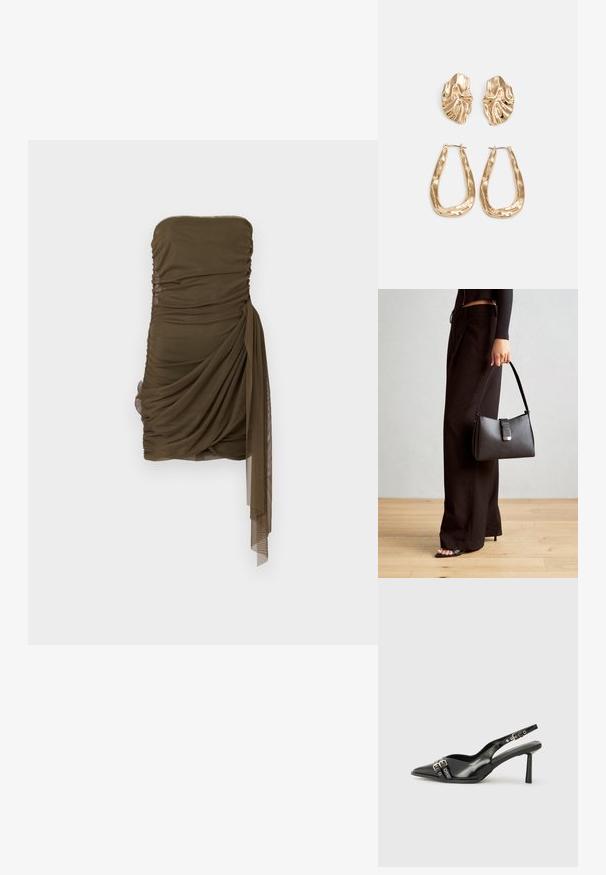 Brezramni drapirani mini obleki v olivno zeleni barvi, ki vsebuje nabran teksturo in stranski nabork, izdelana iz lahkega, prosojnega materiala.; Črne patentne usnjene sandale s koničastim nosom, zankami okoli gležnja s srebrnimi sponkami in opremo ter vitkimi petami.; Črna torbica z strukturirano obliko, gladko teksturo in kovinskim zaponko. Ujemajo se z širokimi črnimi hlačami in odprtimi sandali na lesenem tleh.; Zlato obarvani uhani z teksturiranimi, valovitimi oblikami. Vključujejo skulpturalne sponke za ušesa in odprto obliko obročka s kladivastim finišem.