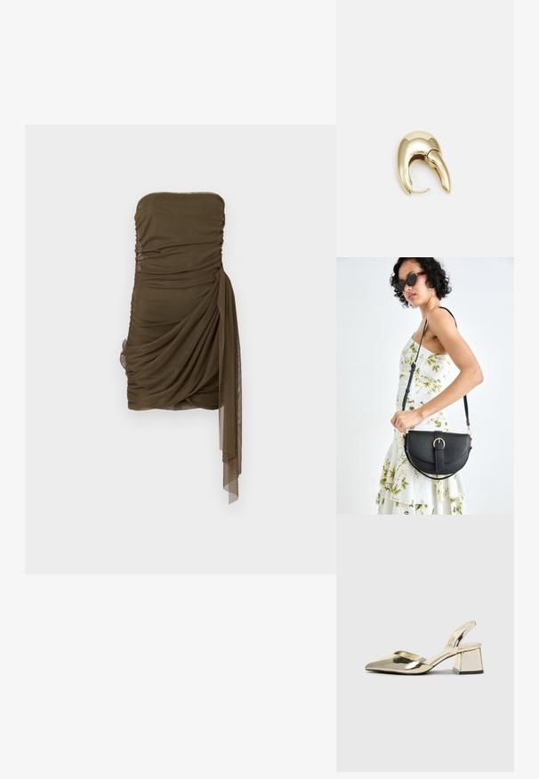 Bezdraugiška drapiruota mini suknelė alyvuogių spalvos, su susiraukšlėjusia tekstūra ir šoniniu volanu, pagaminta iš lengvo, permatomo audinio.; Auksiniai, metaliniai slingback aukštakulniai bateliai su smailiu pirštu ir masyviu kulnu. Lygus paviršius, minimalizmo dizainas ir siaura juostelė.; Juodas odinis krepšys su išlenkta forma, nuimamu dirželiu ir auksiniais detalėmis. Krepšys turi kilpą su sagtimi.; Aukso tono metalinės auskarai su stilingu, kreiviu dizainu. Išsiskiria ryškiu smailiu pavidalu, poliruota paviršiumi ir užsegimu su vyriu.