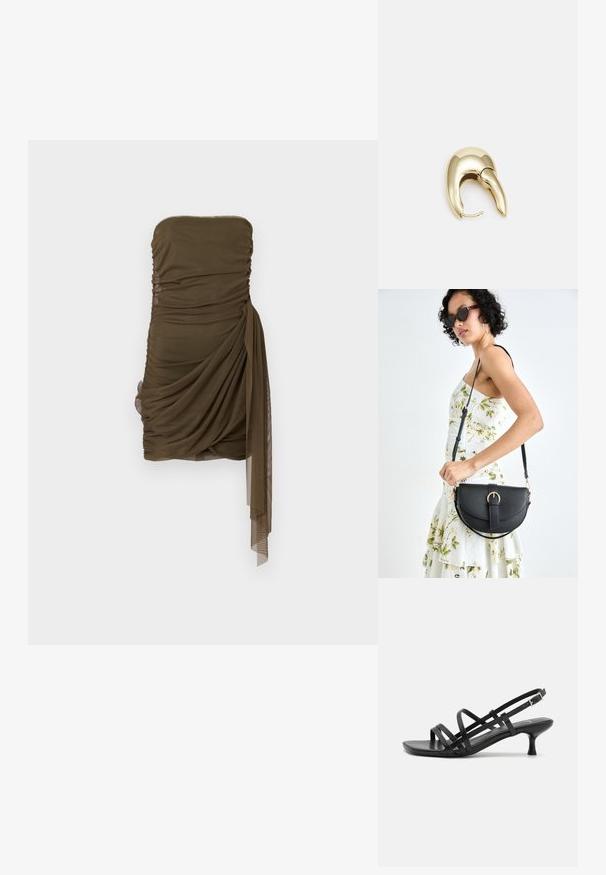 Kokkosõhuga, rippuv mini kleit oliivrohelises, millel on kogutud tekstuur ja külghelendus, valmistatud kergest ja läbipaistvast kangast.; Mustad musta kandaga sandaalid, millel on mitmed risti minevad rihmad. Sile materjal, terav nina ja kitsas konts. Reguleeritav pahkluuri rihm klambriga.; Mustmust mustraha kõverate joontega, eemaldatava rihmaga ja kuldsete detailidega. Kotil on klapp, millel on pandladetail.; Kuldtooni metallist kõrvarõngas, millel on elegantne ja kaarjas disain. Omab silmapaistvat teravat kuju, poleeritud pinda ja hingesulgemist.
