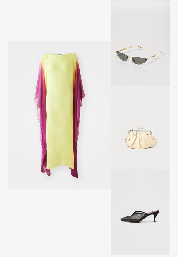 Gul kjole med gennemsigtige, ombre pink ærmer. Enkel lige design, knælængde, med glat tekstur og flydende stof.; Sort mesh mule med spids tå, tynde stropper og 3-tommer stiletto hæl. Har en gennemsigtig struktur og en ensfarvet sål.; Guldindfattede solbriller med mørkegrå linser. Unik katteøjeform. Stængerne har vekslende guldperler og perleaccenter.; Plisseret beige læderclutch med en sølvmetalramme, der har to runde dekorative låse og en sølvkædetrasporte.