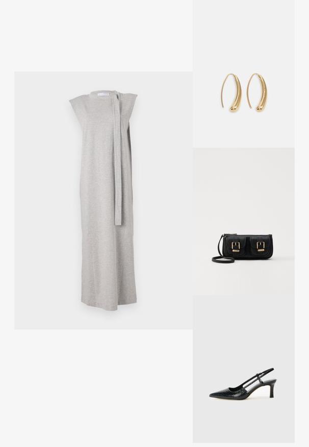 Szürke ujjatlan ruha puha anyagból, egyenes szabással, csónaknyakkal és oldalsó megkötő részlettel a zárás érdekében.; Fekete lakk slingback sarok, hegyes orral, texturált kígyómintával, állítható pánttal és rövid, texturált tömbsarkal.; Fekete bőr keresztbody táska két elülső zsebbel, arany csattokkal, cipzáras záródással és vékony pánttal. Textúrált felület és kompakt téglalap alak.; Aranyszínű fémből készült karika fülbevalók ívelt, hosszúkás formával. Simaságával és fényes felületével, valamint lekerekített végével további részletekkel bővül.