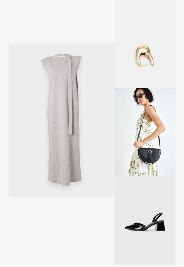 Pelēka bez piedurknēm kleita mīkstā audumā, ar taisnu siluetu, laivu kakla izgriezumu un sānu saites detaļu aizdarei.; Melna lakota āda ar atvērto papēdi, ar smailu purngalu un ģeometrisku blokpapēdi. Iezīmējas elegants, minimāls dizains un gluda tekstūra.; Melnas ādas rokassoma ar izliekta formu, noņemamu siksnu un zelta aksesuāriem. Somai ir vāciņš ar sprādzes detaļu.; Zeltīti metāla auskari ar gludu, izliekta dizaina. Ar atšķirīgu smailu formu, pulētu virsmu un eņģu aizdari.