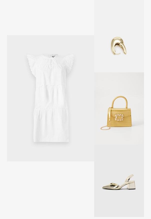 Balta vijumu kleita ar īsām pūkainām piedurknēm, apaļu kaklu un savilktu krūšu daļu. Izgatavota no viegla auduma ar gludu tekstūru.; Zeltaini, metāla kurpes ar siksniņām, norakans purngalis un masīla papēdis. Gluda tekstūra, minimālisma dizains un šaura siksna.; Dzeltena mākslīgā krokodila roku soma ar strukturētu dizainu, augšējo rokturi, noņemamu ķēdes siksniņu un dekoratīvām kristāla rotājumiem aizdares daļā.; Zeltīti metāla auskari ar gludu, izliekta dizaina. Ar atšķirīgu smailu formu, pulētu virsmu un eņģu aizdari.