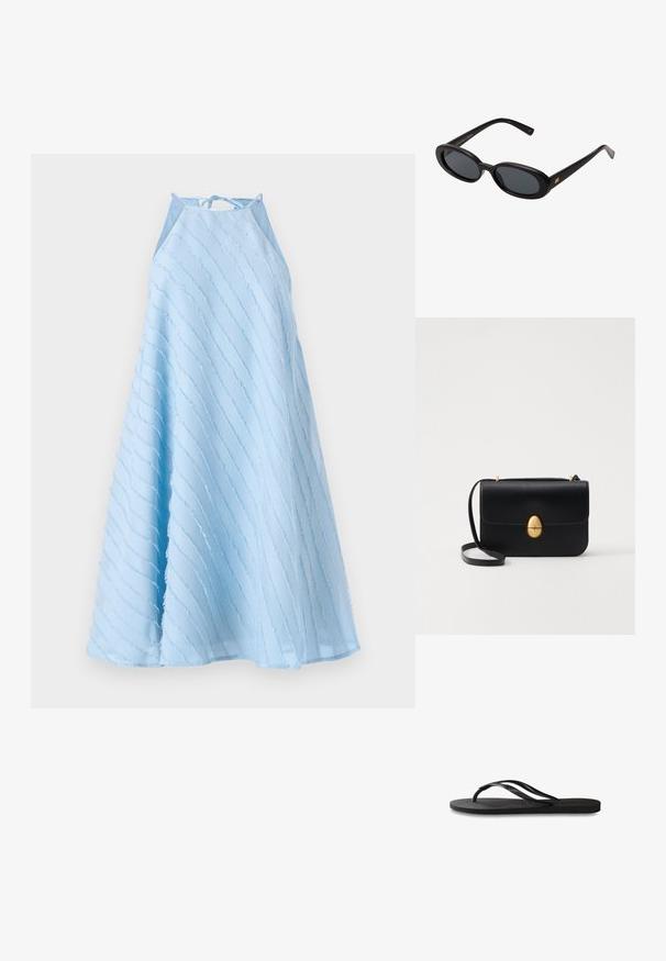 Vaaleansininen hihaton mekko, jossa on kietaisukaula-aukko. Mekossa on vinovälinen tekstuuri ja sen muotoilu on virtaava A-linja.; Mustat flip-flopit, joissa on röpelöinen kumipohja, kaksi hoikkaa remmiä ja hillitty, kohokuvioitu logotyyli remmissä.; Mustat ylisuuruiset aurinkolasit, jotka ovat soikeat linssit, sileä muovikehys ja kultaiset korostukset temppeleissä. Tummat linssit tarjoavat suojaa auringolta.; Musta nahkakäekott struktureeritud ristküliku kujuga. Varustatud kuldse ovaalse lukuga ja õhukese õlalindiga. Sile tekstuur.