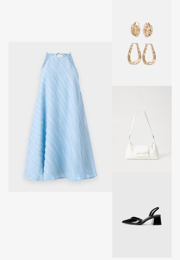 Vestido sin mangas de color azul claro con un diseño de cuello halter. Presenta rayas texturizadas diagonales y una silueta en línea A que fluye.; Zapatos de tacón slingback de charol negro con punta afilada y tacón geométrico en bloque. Presentan un diseño elegante y minimalista, así como una textura suave.; Bolso sintético blanco con forma triangular, tapa frontal plana y detalle de lazo, correa ajustable, textura suave y diseño minimalista.; Pendientes en tono dorado que presentan formas texturizadas y onduladas. Incluyen aros de clip esculturales y un diseño de aro abierto con un acabado martillado.