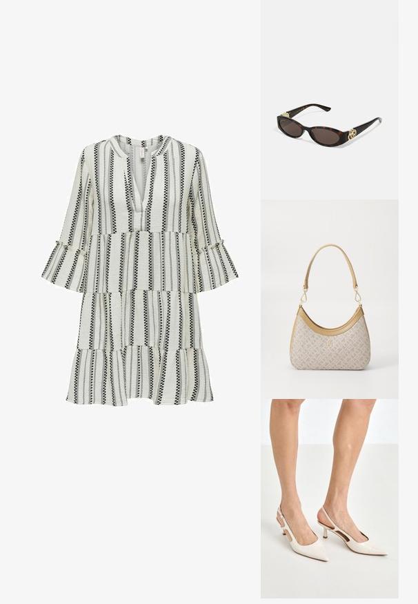 Zwart-wit gestreepte jurk met een V-hals en uitlopende mouwen. Beschikt over een gelaagd ontwerp, textuurstof en contrasterende patronen door de hele jurk.; Beige gepatineerde leren slingback hakken met een spitze neus en een hak van 5 cm, met uitsparingen aan de zijkanten en een dunne enkelband.; Schildpadbril met langwerpige ovale lenzen, bruine tint, gouden logo-accenten op de pootjes en slanke zwarte armen.; Beige handtas met een patroon en een gebogen vorm, leren accenten en een goudkleurig logo aan de voorkant. Beschikt over een kort handvat voor gemakkelijk dragen.