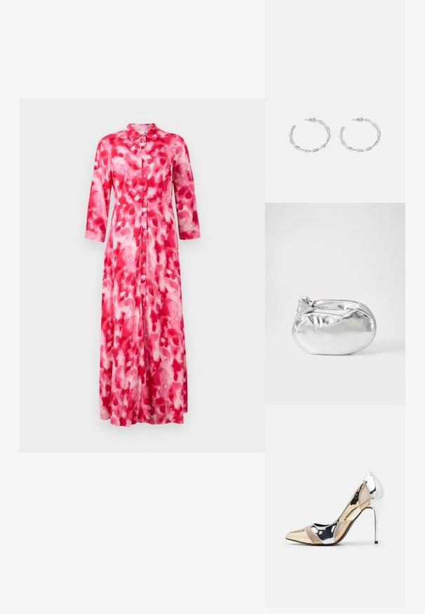 Garšs pogājams kleita rozā tonī ar akvareļa rakstu. Satur apkakli un garas piedurknes, izgatavota no viegla auduma.; Apspīlēta augstpapēžu kurpe ar zeltītu, sudrabi un neitrālu krāsu kombināciju. Spīguļojoša virsma ar izgriezuma dizainu, aprīkota ar stiletto papēdi.; Sudraba metāliska poga somiņa ar mīkstu, noapaļotu formu un mezgla augšējo aizdari. Izgatavota no gludas mākslīgās ādas materiāla.; Sudraba gredzenveida auskari ar savītu dizainu, kas ir ar pulētu apdari un ar aizmugurēju fiksāciju. Izmērs ir aptuveni 3 cm diametrā.