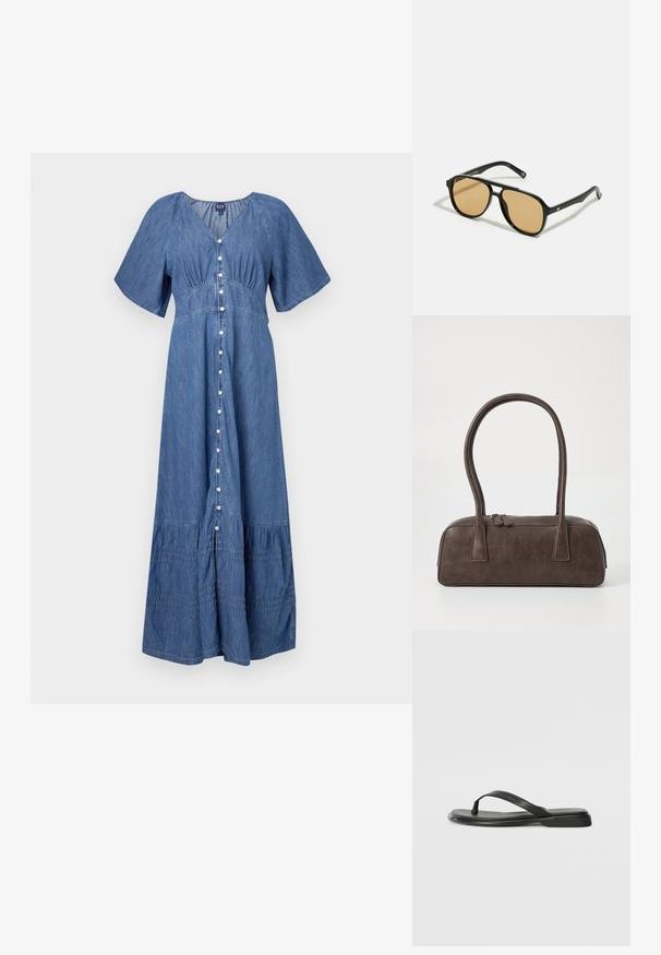Denim maxi-kjole med V-hals, korte ermer, knappestolpe foran og volangkant. Farge: blå. Myk tekstur med samlet detaljer.; Sorte flip-flop laget av glatt lær, med en tynn stroppdesign og en flat såle med et minimalistisk utseende. Ingen bemerkelsesverdige mønstre eller aksenter.; Svarte solbriller med brune fargede linser; rektangulær form med tykk ramme, inkludert subtile hardware-detaljer på stengene.; Brun lærveske med to robuste håndtak, rektangulær form, jevn tekstur og glidelås. Minimalistisk design uten synlige mønstre.
