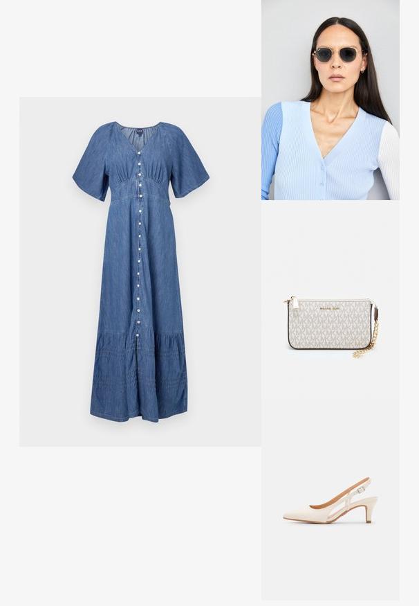 Rochie maxi din denim cu decolteu în V, mâneci scurte, închidere cu nasturi în față și tiv volanat. Culoare: albastru. Textură moale cu accente plisate.; Sandaie cu toc alb, cu vârful ascuțit, material superior neted, toc mic tip bloc și design cu decupaj lateral, cu curea ajustabilă.; Ochelari de soare rotunzi cu lentile întunecate și rame aurii. Modelul poartă un cardigan ribbed de culoare albastru deschis cu nasturi și mâneci albe în contrast.; Clutch Michael Kors din canva acoperit bej, cu un model repetitiv al logo-ului MK, accesorii din aur și o curea cu lanț detașabil.