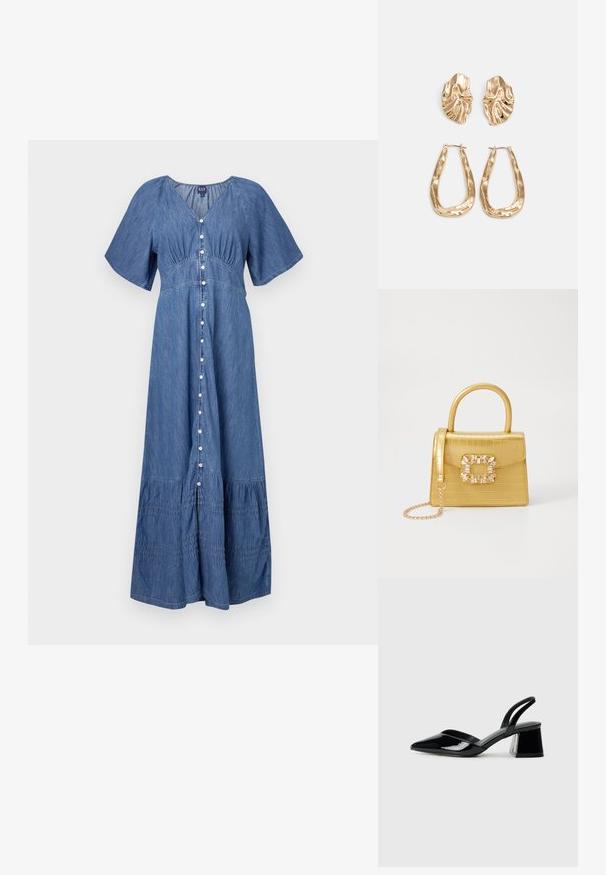 Denim maksi kleita ar V veida kakla izgriezumu, īsām piedurknēm, pogu priekšējo aizdari un krokotu apakšmalu. Krāsa: zila. Mīksta tekstūra ar salocītiem akcentiem.; Melna lakota āda ar atvērto papēdi, ar smailu purngalu un ģeometrisku blokpapēdi. Iezīmējas elegants, minimāls dizains un gluda tekstūra.; Dzeltena mākslīgā krokodila roku soma ar strukturētu dizainu, augšējo rokturi, noņemamu ķēdes siksniņu un dekoratīvām kristāla rotājumiem aizdares daļā.; Zelta krāsas auskari ar teksturētām, viļņotām formām. Iekļauts skulpturāls piespraužams modelis un atvērta gredzenveida konstrukcija ar izsistām virsmām.