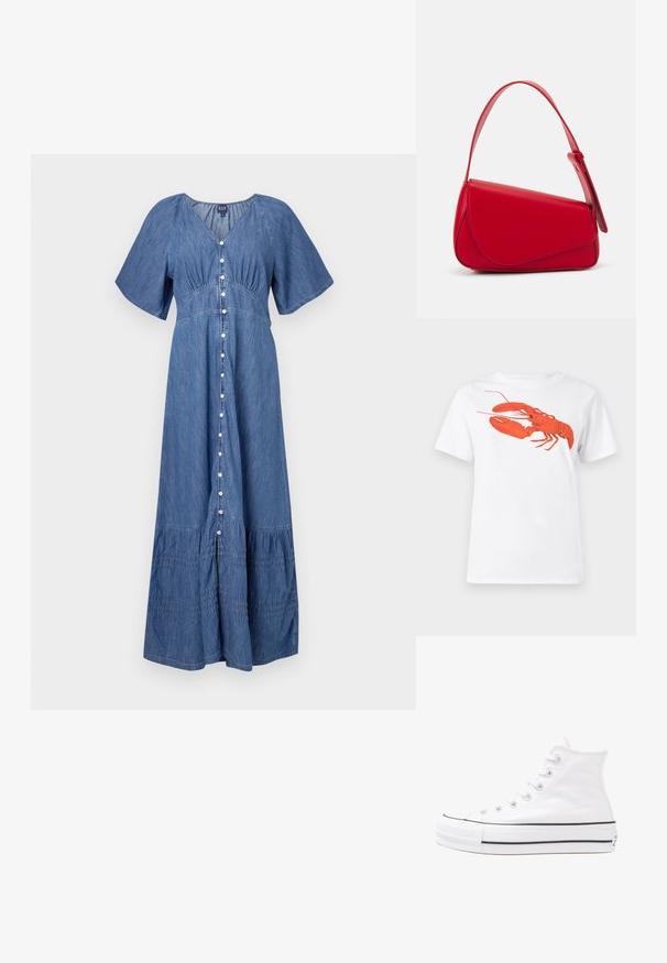 Maxi-Jeanskleid mit V-Ausschnitt, kurzen Ärmeln, Knopfleiste und gerafftem Saum. Farbe: blau. Weiche Textur mit Raffungselementen.; Weißes Baumwoll-T-Shirt mit einem großen, leuchtend roten Hummer-Design auf der Vorderseite. Mit kurzen Ärmeln und klassischem Rundhalsausschnitt.; Weiße hochwertige Leinensneaker mit schwarzer Gummisohle, vorderem Gummizehenschutz und sechs Ösen für Schnürsenkel, die ein sauberes, minimalistisches Design aufweisen.; Rote Lederhandtasche mit einem kantigen, geometrischen Design. Verfügt über einen verstellbaren Schulterriemen und einen Klappenverschluss mit genähten Details.