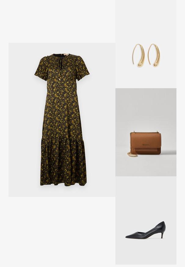 Vestido maxi floral com mangas curtas, base preta, flores amarelas, decote redondo, barra em camadas e detalhe para atar no pescoço.; Sapato de salto alto preto em pele com bico fino e salto baixo. Apresenta uma textura suave e brilho subtil. Corte aberto na parte da frente para um detalhe adicional.; Bolsa crossbody de couro texturizado castanho com alça de corrente dourada e fecho com aba. A parte da frente apresenta detalhe do logótipo e um bolso sob a aba.; Brincos em metal dourado com forma de arco alongado e curvado. Apresentam uma superfície lisa e brilhante, com uma ponta arredondada para um detalhe adicional.