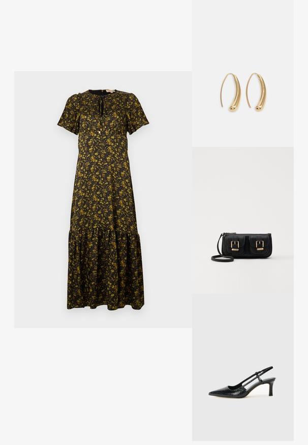 Kukkaistuulen maksimekko lyhyillä hihoilla, mustalla pohjalla, keltaisilla kukilla, pyöreällä kaula-aukolla, kerroksellisella helman ja solmimisdetaililla kaulassa.; Musta patent slingback-kiilakorko teräväkärkisellä muotoilulla, jossa on teksturoitu käärmeennahkakuosi, säädettävä remmi ja lyhyt, teksturoitu blokkiheel.; Musta nahkainen olkalaukku, jossa on kaksi etutaskua, kultaiset soljet, vetoketjukiinnitys ja kapea hihna. Teksturoidun pinnan ja kompaktin suorakaiteen muoto.; Korvakorut kultasävytteistä metallista, joissa on kaareva, pitkänomainen muoto. Ominaisuuksiin kuuluu sileä, kiiltävä pinta ja pyöreä kärki lisäyksinä.