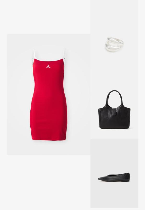 Raudona lygiai raukšlėta suknelė su spaghetti petnešomis ir baltais apvadais. Priekyje, krūtinės srityje, yra baltas Jumpman logotipas. Trumpa, prigludusi siluetas.; Juodas odinis baleto batas, su smailiu pirštu, minimalistinio dizaino, lygiu paviršiumi, žemo profilio kulnu, be matomos aparatūros ar papuošimų.; Juodas odinis nešiojamas krepšys su lygiu paviršiumi, struktūrine forma, dviem rankenėlėmis ir ryškiu sidabriniu sagties akcentu priekyje.; Sidabrinis dvigubas žiedas su lygiu, poliruotu paviršiumi. Pasižymi sklandžiu, kreiptu dizainu su persipinančiomis dalimis, suteikiančiomis modernų išvaizdą.; Sidabrinis dvigubas žiedas su lygiu, poliruotu paviršiumi. Pasižymi sklandžiu, kreiptu dizainu su persipinančiomis dalimis, suteikiančiomis modernų išvaizdą.