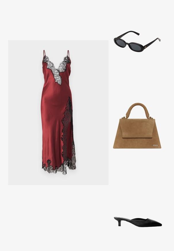 Bordo satenska slip haljina s crnom čipkom duž dekoltea i ruba. Ima podesive tanke naramenice i uski kroj.; Crne kožne klompe s visokom petom i šiljastim vrhom, otvorenom stražnjom stranom i niskom blok petom. Glatka tekstura s minimalističkim dizajnom.; Crne velike sunčane naočale s ovalnim staklima, glatkim plastičnim okvirom i zlatnim detaljima na sljepočnicama. Tamna stakla pružaju zaštitu od sunca.; Smeđi nubuk torbica sa strukturom u obliku trokuta, sa ručkom na vrhu i preklopom. Ima suptilni detalj sa logotipom sa strane.