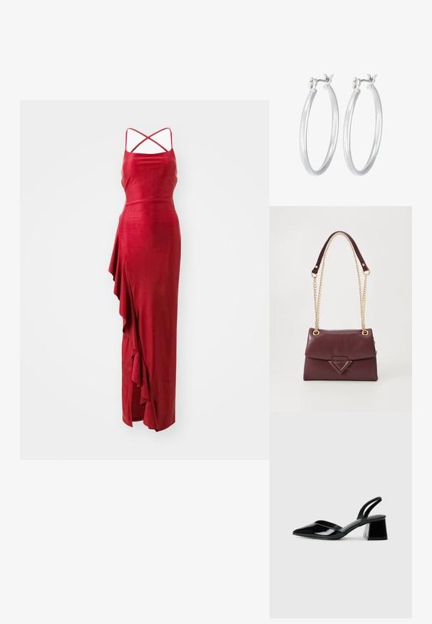 WAL G TALL WEDDING GRACE RUFFLE MAXI - Proginė apranga - wine; Juodos lakuotos odinės šlepetės su smailiu pirštu ir geometriniu bloko kulnu. Turi elegantišką, minimalistinį dizainą ir lygų paviršių.; Burgundi odos rankinė su užlenkiama viršutine dalimi, puošni auksine grandine ir trikampiu metaliniu akcentu priekyje. Lygus paviršius.; Sidabriniai auskarai su sklandžiu, poliruotu paviršiumi. Apvalios formos ir saugus uždarymo mechanizmas. Lengvas dizainas, tinkantis kasdieniam dėvėjimui.