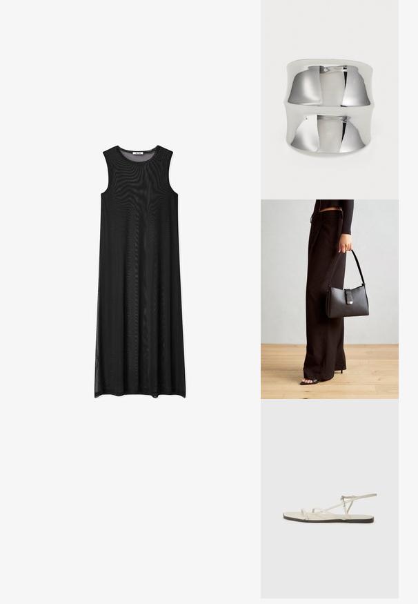 Schwarzes ärmelloses Maxikleid mit lockerem Schnitt. Hergestellt aus transparenter Stoff, mit rundem Ausschnitt und bodenlanger Passform.; Beige flache Sandale mit mehreren schlanken Riemen und einer verstellbaren Schnalle. Die Sohle ist flach und hat einen leichten dunklen Kontrast am Rand.; Schwarze Handtasche mit strukturierter Form, glatter Textur und einem metallischen Verschluss. Kombiniert mit weiten schwarzen Hosen und offenen Sandalen auf einem Holzboden.; Silberner Armreif mit glatter, reflektierender Oberfläche. Verfügt über ein geschwungenes Design und eine breite Band, die einen modernen, minimalistischen Look erzeugen.