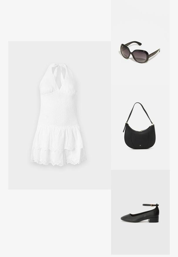 Vit halterneck-klänning med en smockad bodice och fransad kjol. Har en vågig fåll och hålbroderade detaljer längst ner. Mjuk bomullstextur.; Svart läderpump med spetsig tå och en låg klack. Har en ankelsnodd med en guldtonad spänne. Slät textur.; Svarta solglasögon med överdimensionerade, rundade ramar. Linserna har en gradering från mörkt till ljust. Har en slät, glansig finish och subtila logotypsaccentueringar på bågarna.; Svart läderhandväska med en böjd form, strukturerad yta, fram- och bakre sömmar, samt en logotyp i guldton. Utrustad med en enda justerbar rem.