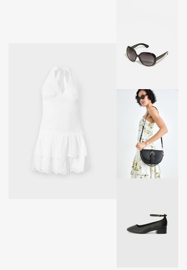 Rochie albă cu bretele halter, cu un corset smockat și fustă în straturi. Prezintă un tiv cu margine ondulată și detalii din dantelă la bază. Textură moale din bumbac.; Pantof cu toc negru din piele, cu vârf ascuțit și toc mic pătrat. Dispune de o curea la gleznă cu o cataramă în tonuri de aur. Textură netedă.; Ochelari de soare negri cu rame supradimensionate și rotunjite. Lentilele au un gradient de la întunecat la deschis. Prezintă un finisaj elegant, lucios și accente subtile ale logo-ului pe brate.; Geantă din piele neagră, cu o formă curbată, curea detașabilă și accesorii aurii. Geanta are un capac cu un detaliu tip cataramă.