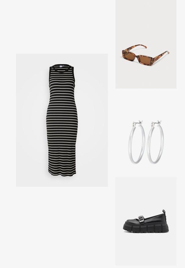 Gap Tall MIDI DRESS - Trikotaažkleit - black; Mustad platvormi loafers musta värvi, ümmarguse varba, sileda nahast ülaosa, reguleeritava pandlaga ja tekstuuriga kummist tallaga, millel on horisontaalsed sooned.; Kilpkonna kestaga prillid, millel on ristkülikukujulised pruuni värvi objektiivid, paks raam ja peened käed, millel on erinevate pruunide toonide muster.; Hõbedased rõngaskõrvarõngad, millel on sile, läikiv viimistlus. Ümmargune kuju ja turvaline klõpsulatus. Kerge disain, sobib igapäevaseks kandmiseks.