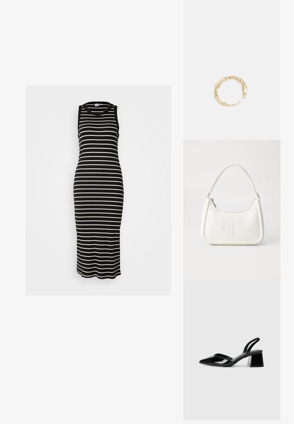 Gap Tall MIDI DRESS - Trikoomekko - black; Mustat patentoitu nahkakengät, joissa on säären takaosa ja terävä kärki, sekä geometrinen palikkakorko. Sisältää tyylikkään, minimalistisen muotoilun ja sileän pinnan.; Valkoinen nahkalaukku, jossa on kaareva muotoilu, etupuolella kohokuvioitu "CK" -logo ja yksi olkahihna. Vetoketjukiinnitys ylhäällä.; Kultaketju, jossa on orgaaninen, kierretty muotoilu, sileä pinta ja cappatut päät, luoden modernin, veistoksellisen ilmeen.