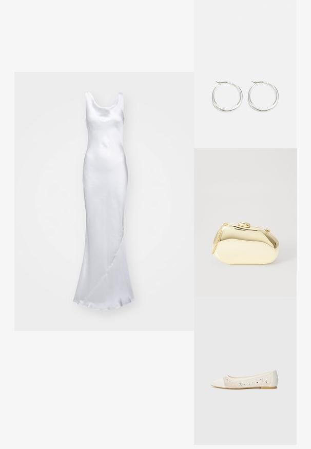Norma Kamali MARIA GOWN - Îmbrăcăminte de ocazie - snow white; Pantofi stilați cu vârful ascuțit, din piele crem, cu partea superioară transparentă și strasuri dispersate. Talpă moale pentru confort, design minimalist.; Clutch metalizat de culoare aurie, cu o formă netedă și rotundă, având un închizător tip buton în partea de sus și o curea mică pentru purtare.; Cercei rotunzi din argint prezintă un design neted și rotunjit, cu un profil subțire și un sistem de prindere sigur. Stil minimalist cu un finisaj lucios.