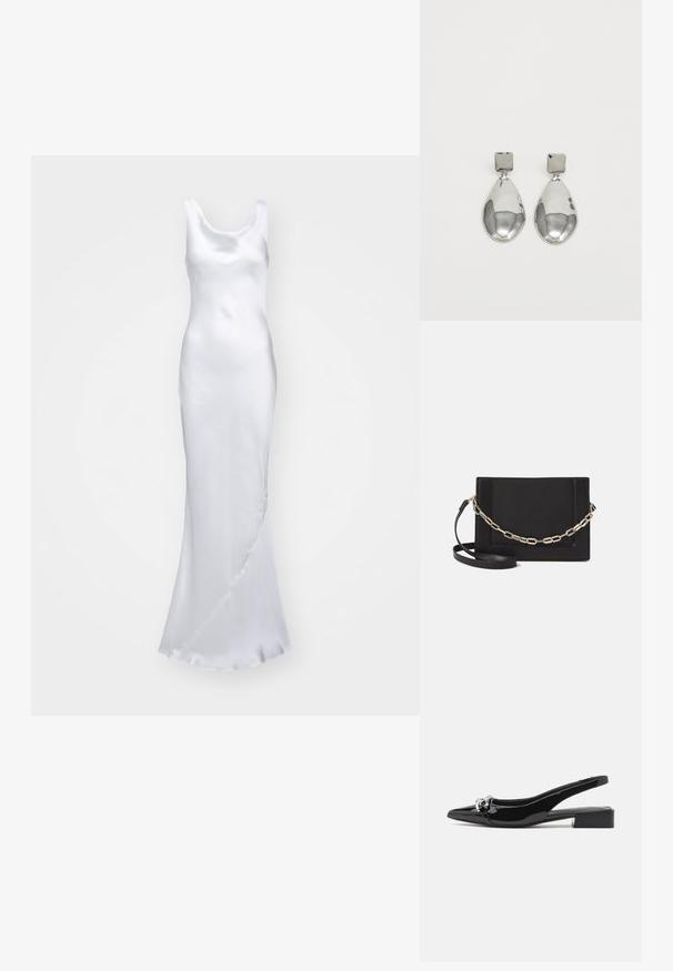 Norma Kamali MARIA GOWN - Alkalmi viselet - snow white; Fekete lakkbőr slingback cipők hegyes orral, ezüst hardware részletekkel és alacsony blokk sarkakkal. Simává és fényessé varázsolt felszín.; Fekete bőr keresztpántos táska, sima textúrával, téglalap alakú és fém lánc részlettel az elején. Állítható pánttal ellátva.; Ezüst csepp fülbevalók négyzet alakú fülbevalóval, sima, fényes felülettel és csepp formával, amely fényt tükröz egy fényes felületen.