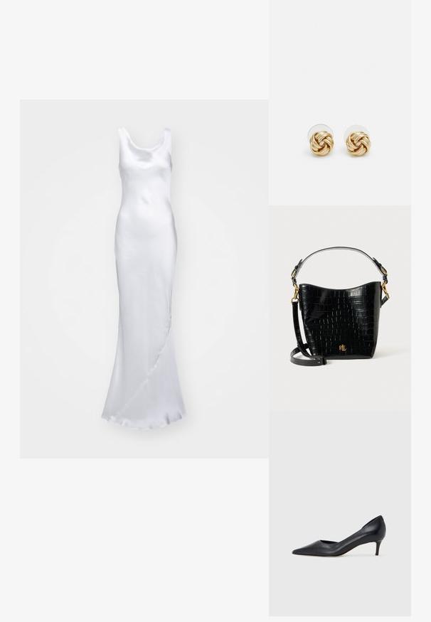 Norma Kamali MARIA GOWN - Pidulikud riided - snow white; Mustast nahast kontsakinga terava ninaga ja madala kontsaga. Omadused on sile pind ja peen läige. Esiosal on avatud lõige, mis lisab detaili.; Mustad krokodillimustriga must nahast kott, millel on kõver kuju, kuldse riistvara aktsessid, reguleeritav rihm ning logodetail esiosas.; Kuldse tooni sõlm kõrvarõngad, millel on keeratud disain. Igal kõrvarõngal on ringikujuline läbipaistev tagaosa, mis tagab kindla kandmise.