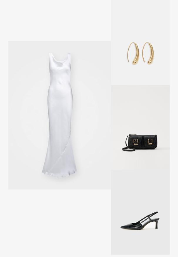 Norma Kamali MARIA GOWN - Pidulikud riided - snow white; Mustmust paelad, millel on terav varvas, tekstuuriga maduprindiga, reguleeritav rihm ja lühike tekstuuriga plokknina.; Must küllastamata nahast õlakott, millel on kaks esist nähtavat taskut, kuldsed pandlad, tõmblukuga sulgemine ja peen rihm. Tekstuuriga pind ja kompaktne ristkülikukujuline kuju.; Kuldtoonilised metallist rõngas kõrvarõngad, millel on kõver ja piklik kuju. Omavad siledat, läikivat pinda ja ümarat tipptugevdust, mis lisab detaili.