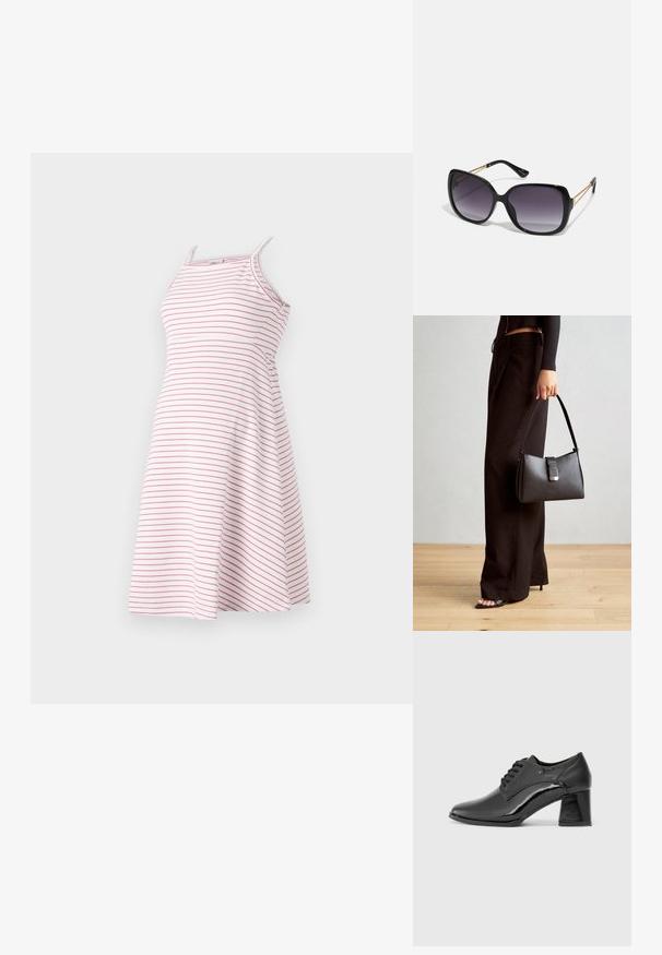Sukienka w paski z cienkimi ramiączkami, wykonana z lekkiego materiału, z poziomymi różowymi paskami na białym tle, w rozkloszowanym kroju.; Czarne lakierowane buty na płaskiej podeszwie z zaokrąglonym noskiem, sznurowane, z masywnym prostokątnym obcasem. Gładka tekstura z błyszczącym wykończeniem.; Czarne oversize okulary przeciwsłoneczne z gradientowymi soczewkami, grubymi oprawkami i złotym łańcuszkiem na ramionach.; Czarna torebka o usztywnionym kształcie, gładkiej fakturze i metalowym zapięciem. Połączona z szerokimi czarnymi spodniami i sandałami na otwartym palcu na drewnianej podłodze.