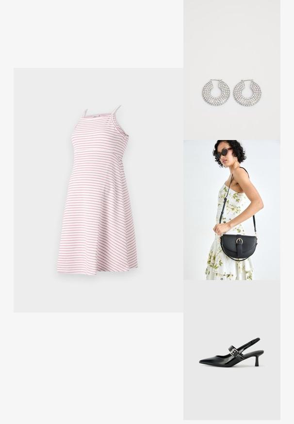 Robe rayée à fines bretelles, fabriquée en tissu léger, présentant des rayures horizontales roses sur un fond blanc, avec un design de jupe évasée.; Escarpins slingback en cuir verni noir avec un bout pointu et un petit talon bloc, mettant en avant un accent en boucle argentée sur la sangle.; Sac à main en cuir noir avec une forme courbée, bandoulière amovible et des accessoires en or. Le sac est doté d'un rabat avec un détail de boucle.; Boucles d'oreilles en argent en forme de créoles ornées de multiples embellissements en cristal transparent, présentant une surface texturée et un design circulaire ouvert.